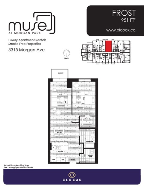 Floor plan for 1 bed, 1 bath, 951 sqft